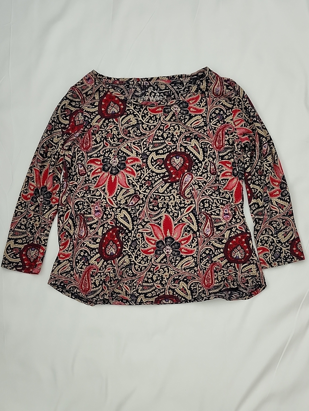 Lucky Brand Red and Black Floral Paisley 3/4 Length Sleeve Top
